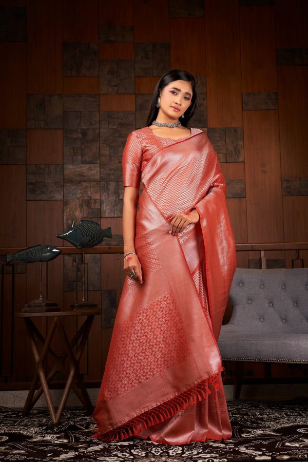 Vardha Crimson Red Silver Zari Kanjeevaram Silk Saree Sale