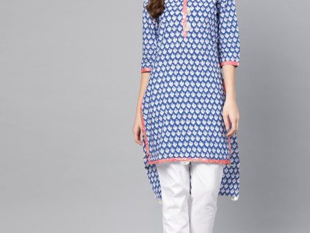 Ahalyaa Women Blue & White Printed High-Low Straight Kurta Fashion