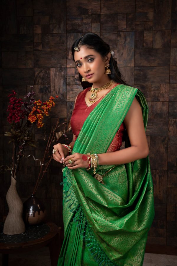 Vardha Clover Green Golden Zari Kanjeevaram Silk Saree Online