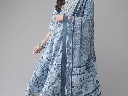 Yufta Women Blue Floral Printed Regular Pure Cotton Kurta with Trouser With Dupatta on Sale