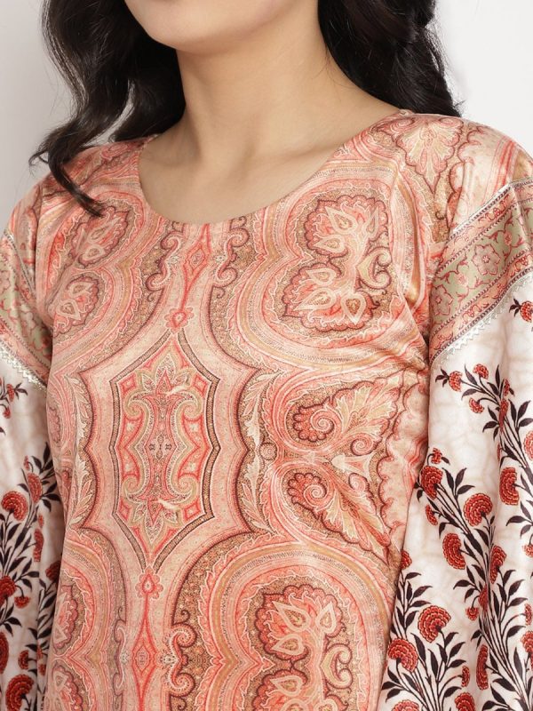 Ahalyaa Women s Beige Color Digital Print Velvet Kaftan Discount