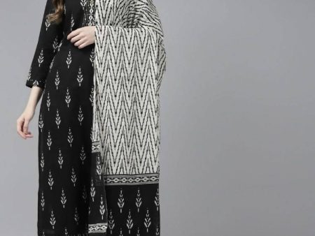 Yufta Women Black Ikat Printed Pure Cotton Kurta with Palazzo and Dupatta Supply