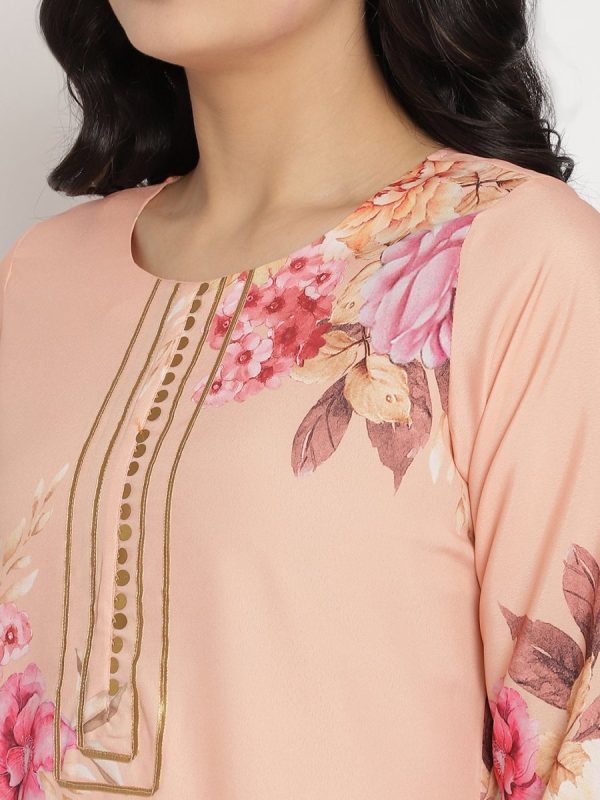 Ahalyaa Women Peach-Coloured Floral Printed Regular Sequinned Kurta With Palazzos & Dupatta on Sale