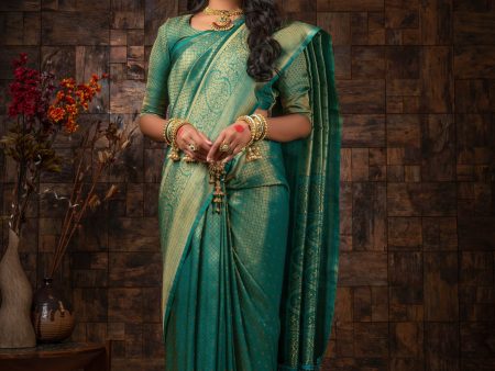 Vardha Turquoise Blue Golden Zari Brocade Kanjeevaram Silk Saree Fashion