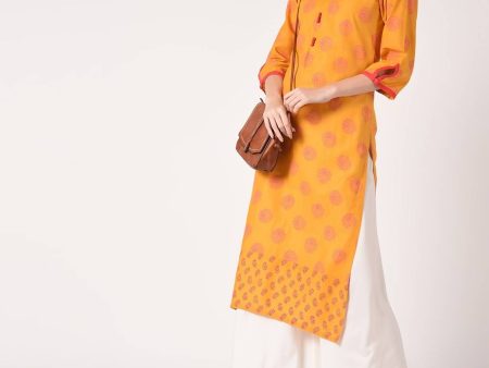 Cheera Hand Block Print Mustard Color Straight Kurta Online now