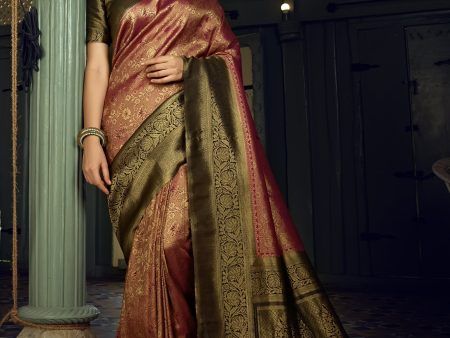 Vardha Wine Golden Zari Kanjeevaram Silk Saree on Sale