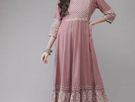 Yufta Pink Embroidered Ethnic Midi Dress Hot on Sale