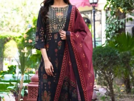 Yufta Women Black & Burgundy Printed Kurta & Trouser with Dupatta Online now