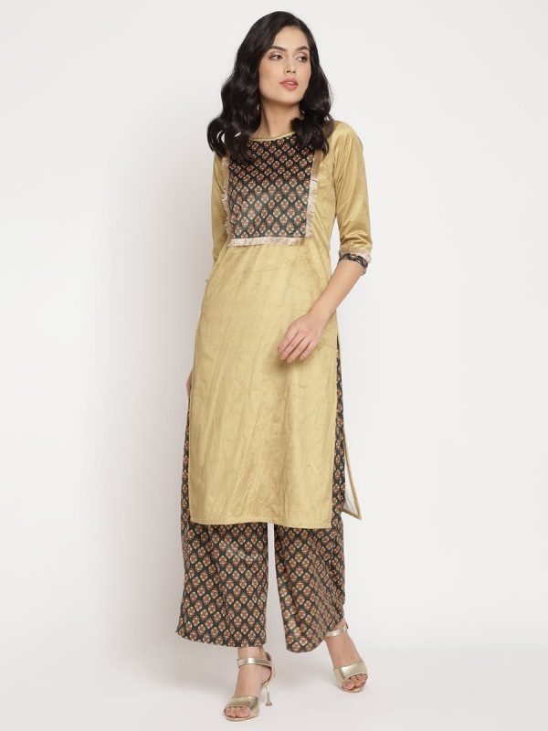 Ahalyaa Women s Mustard Color Digital Print Velvet Kurta With Palazzo Discount