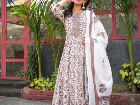 Yufta Women White Paisley Printed Regular Sequinned Pure Cotton Kurta with Palazzo & With Dupatta For Cheap