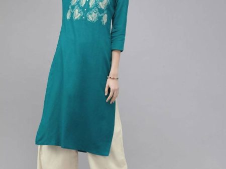 Yufta Women Green & Beige Embroidered Straight Kurta With Trouser Online