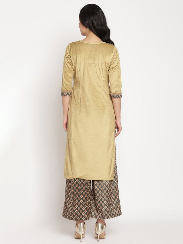 Ahalyaa Women s Mustard Color Digital Print Velvet Kurta With Palazzo Discount