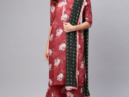 Ahalyaa Women Maroon Printed Kurta with Palazzo & Dupatta For Cheap