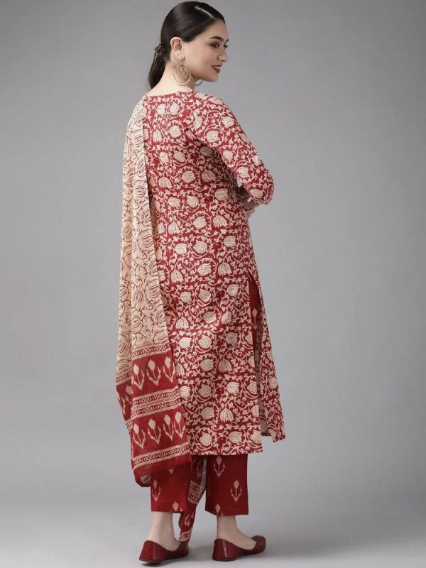 Yufta Maroon & Beige Ethnic Motifs Screen Print Cotton Straight Kurta Palazzo & Dupatta Cheap