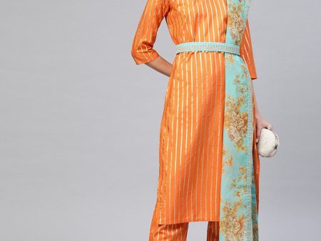 Ahalyaa Women Orange & Golden Striped Kurta With Trousers & Dupatta Fashion