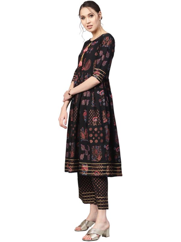 Ahalyaa Black Poly Crepe A-Line Kurta Set Fashion