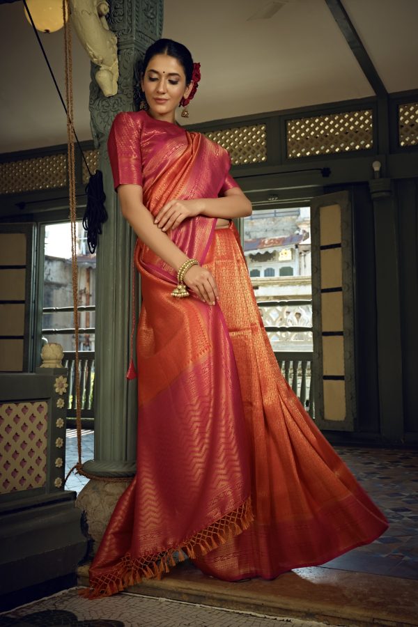 Vardha Sunset Orange Golden Zari Kanjeevaram Silk Saree on Sale