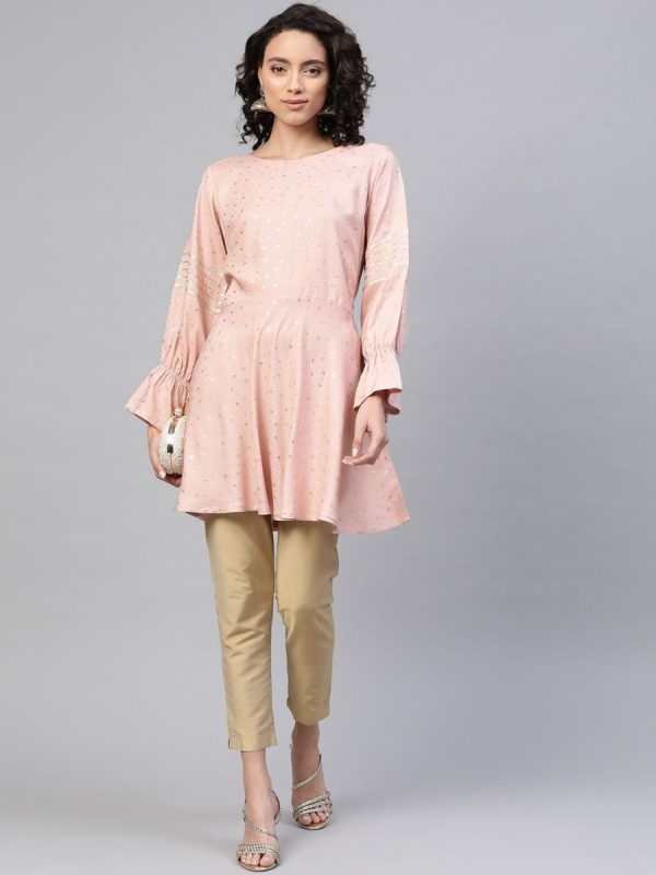 Ahalyaa Women Pink Rayon Golden Ethnic Print Tunic Online Hot Sale