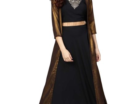 Ahalyaa Black Golden Straight Crepe & Georgette Kurta Set Online now