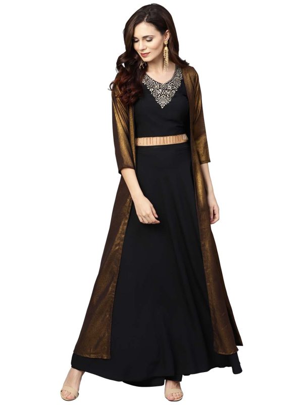 Ahalyaa Black Golden Straight Crepe & Georgette Kurta Set Online now