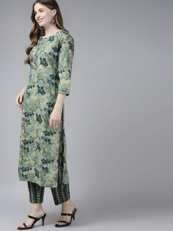 Yufta Women Teal and Beige Floral Dyed Pure Cotton Kurta with Palazzo and Dupatta Fashion