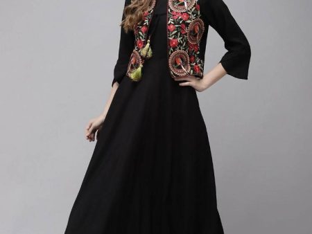 Yufta Women A-Line Black Dress With Red Embroidered Jacket on Sale