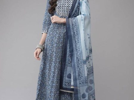 Yufta Women Blue Floral Yoke Design Angrakha Pure Cotton Kurta with Trouser With Dupatta Cheap