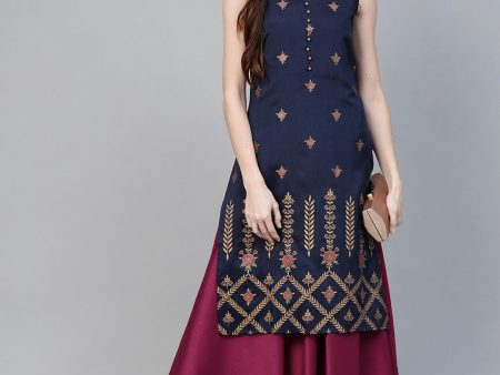 Ahalyaa Women Navy Blue & Magenta Ethnic Sreen Printed Layered Maxi Dress Sale