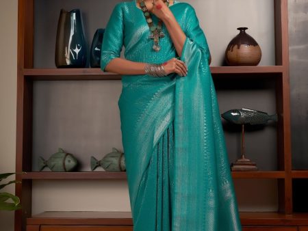 Vardha Sapphire Green Silver Zari Kanjeevaram Silk Saree For Discount