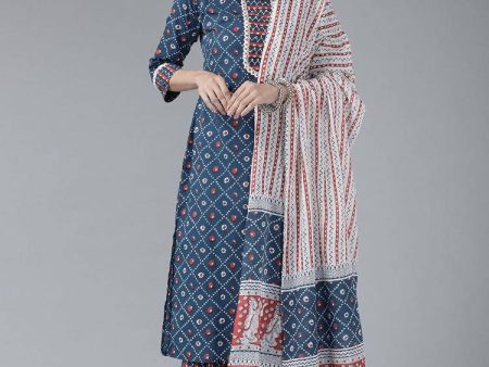 Yufta Women Blue & White Printed Pure Cotton Kurta with Palazzo & With Dupatta Supply