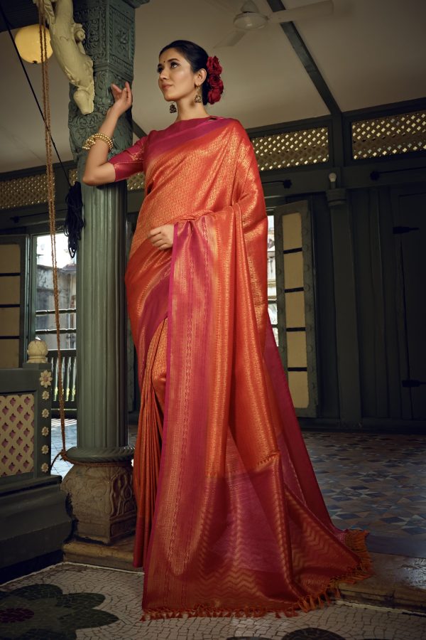 Vardha Sunset Orange Golden Zari Kanjeevaram Silk Saree on Sale