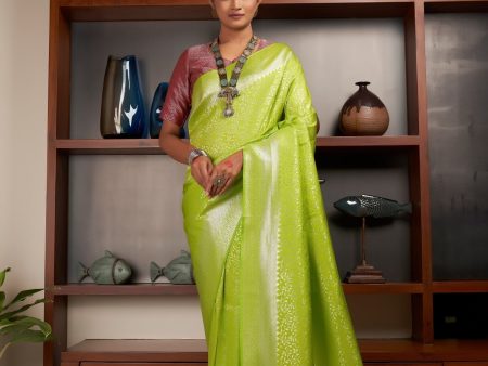 Vardha Chartreuse Green Silver Zari Kanjeevaram Silk Saree For Cheap