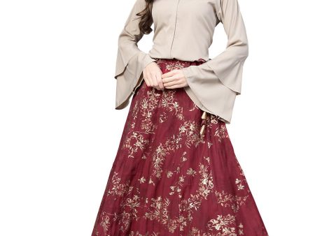 Ahalyaa Indowestern Beige & Maroon Shirt With Skirt Set Sale