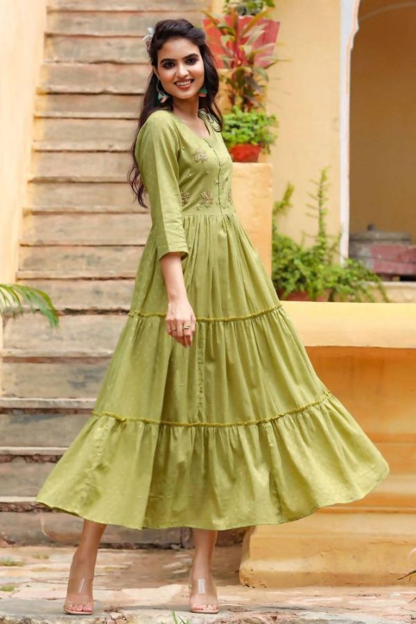 Yufta Green Cotton Dobby Dress Sale