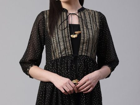 Ahalyaa Black & Golden Printed Semi-Sheer Front-Open Kediya Tunic Sale