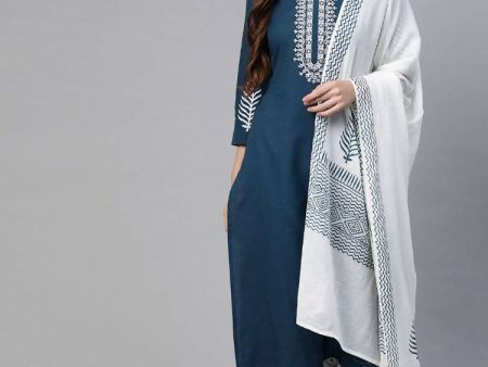 YuftaWomen Navy Blue & White Yoke Design Thread Work Cotton Kurta with Palazzo & Dupatta Supply