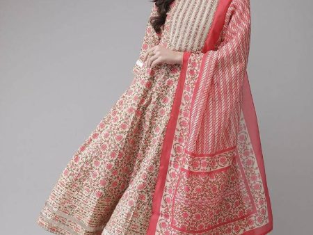 Yufta Women Pink Printed Kurta with Trouser and Dupatta Set Fashion