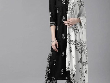 Yufta Women Black & White Ethnic Print Sequined Pure Cotton Kurta with Trouser and Dupatta on Sale