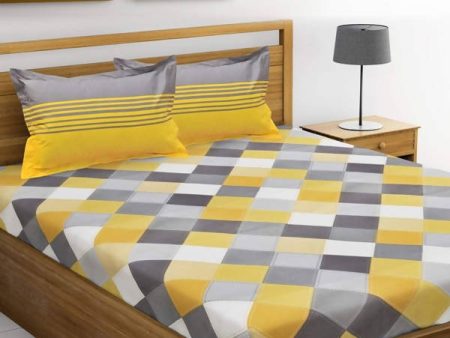 Vamika Printed Cotton Yellow & Multicolor Bedsheet With Pillow Covers (LEOC_CHECK_Y) on Sale