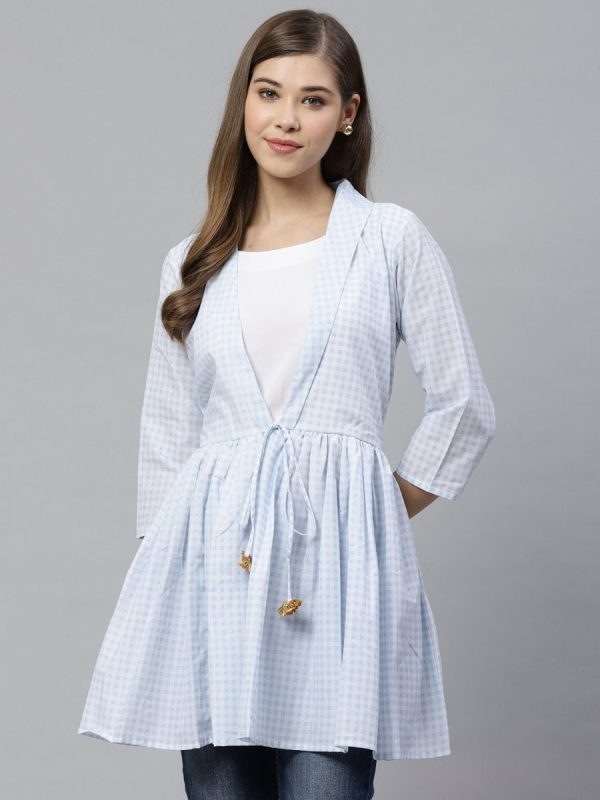 Ahalyaa Blue & White Checked Waist Tie-Up Tunic Online Sale