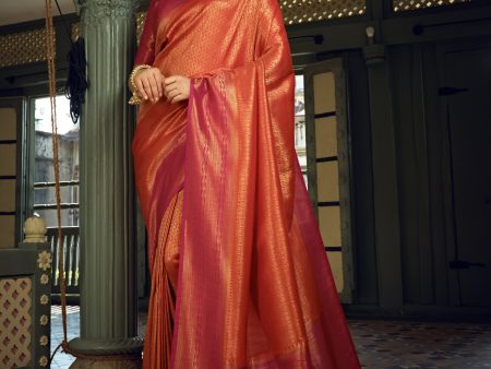 Vardha Sunset Orange Golden Zari Kanjeevaram Silk Saree on Sale