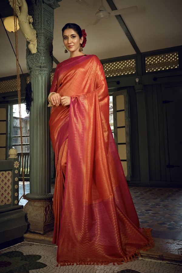 Vardha Sunset Orange Golden Zari Kanjeevaram Silk Saree on Sale