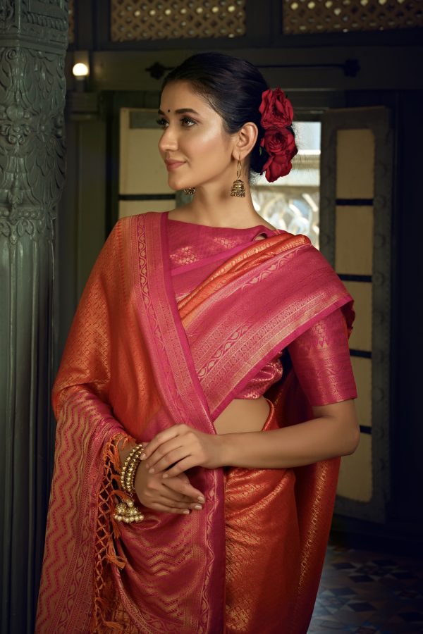 Vardha Sunset Orange Golden Zari Kanjeevaram Silk Saree on Sale