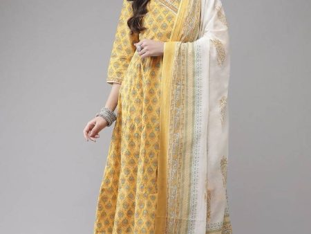 Yufta Women Yellow Floral Print Angrakha Pure Cotton Kurta and Trouser With Dupatta Supply