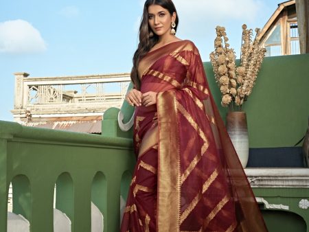 Vardha Ruby Red Golden Zari Banarasi Organza Saree Online Hot Sale