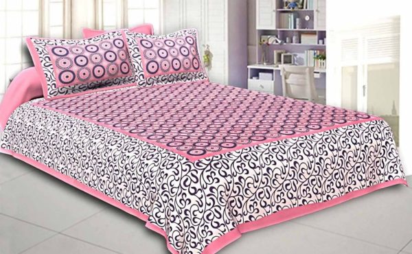 Vamika Printed Cotton Pink & Multicolor Latest Design Bedsheet With Pillow Covers (LEOC_CHKR_P) Online Sale