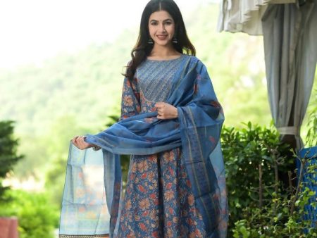 Yufta Women Blue Floral Yoke Design Regular Aari Work Pure Cotton Kurta with Trouser & With Dupatta For Sale