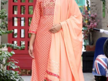 Yufta Women Peach Floral Mirror Work Pure Cotton Kurta with Trouser and Dupatta Online