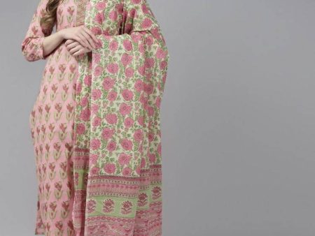 Yufta Women Pink Floral Print Aari Work Pure Cotton Kurta with Palazzo and Dupatta Sale