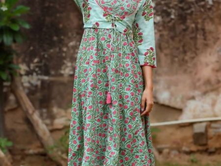 Yufta Women Grey Handblock A-Line Kurta with Trouser Sale